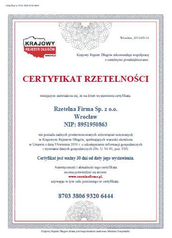 Wzrór certyfikatu Rzetelna Firma